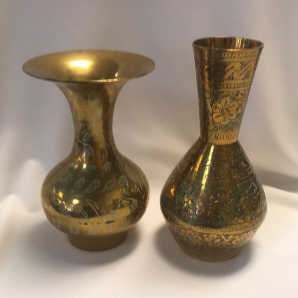 Other - Pair of Vintage Floral Etched Brass Vases Made in India